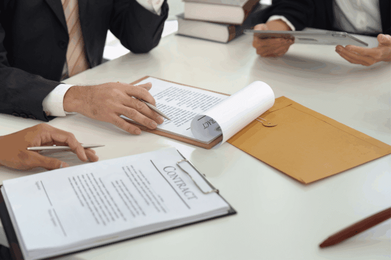 Close-up of hands discussing paperwork and signing a contract during a professional meeting