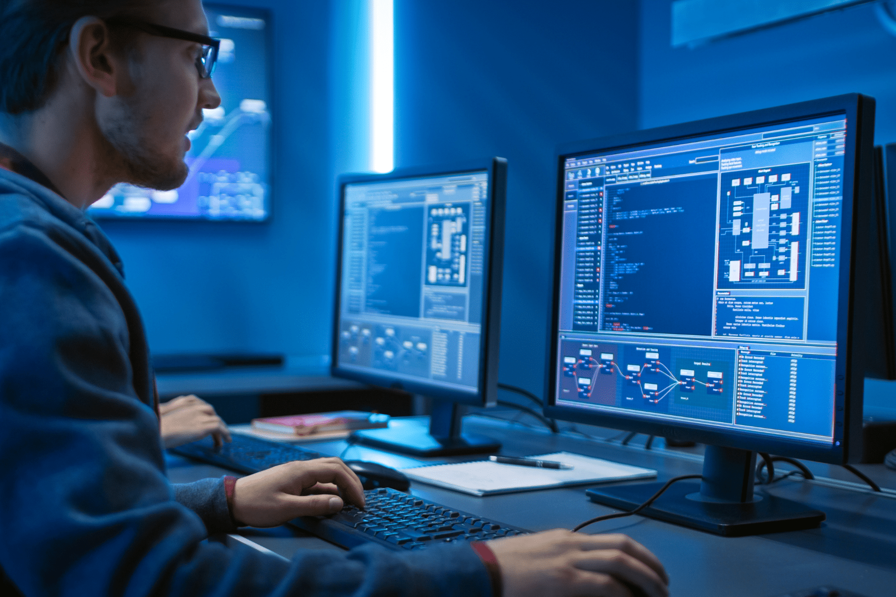 Developer reviewing software code and network dashboards on dual screen