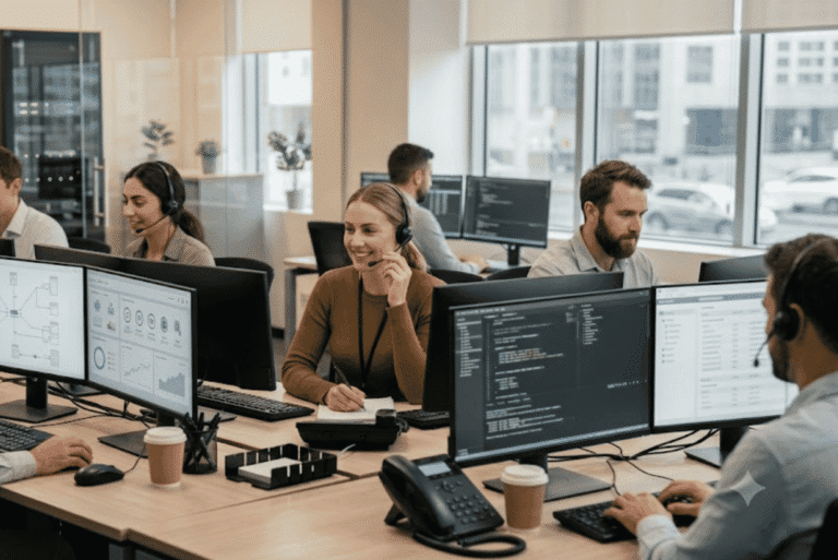 Office team working at desks with multiple monitors, representing the challenges of DIY IT Support in a busy workplace.