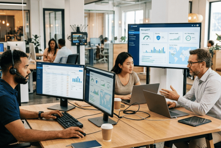 People working at a desk in an office.